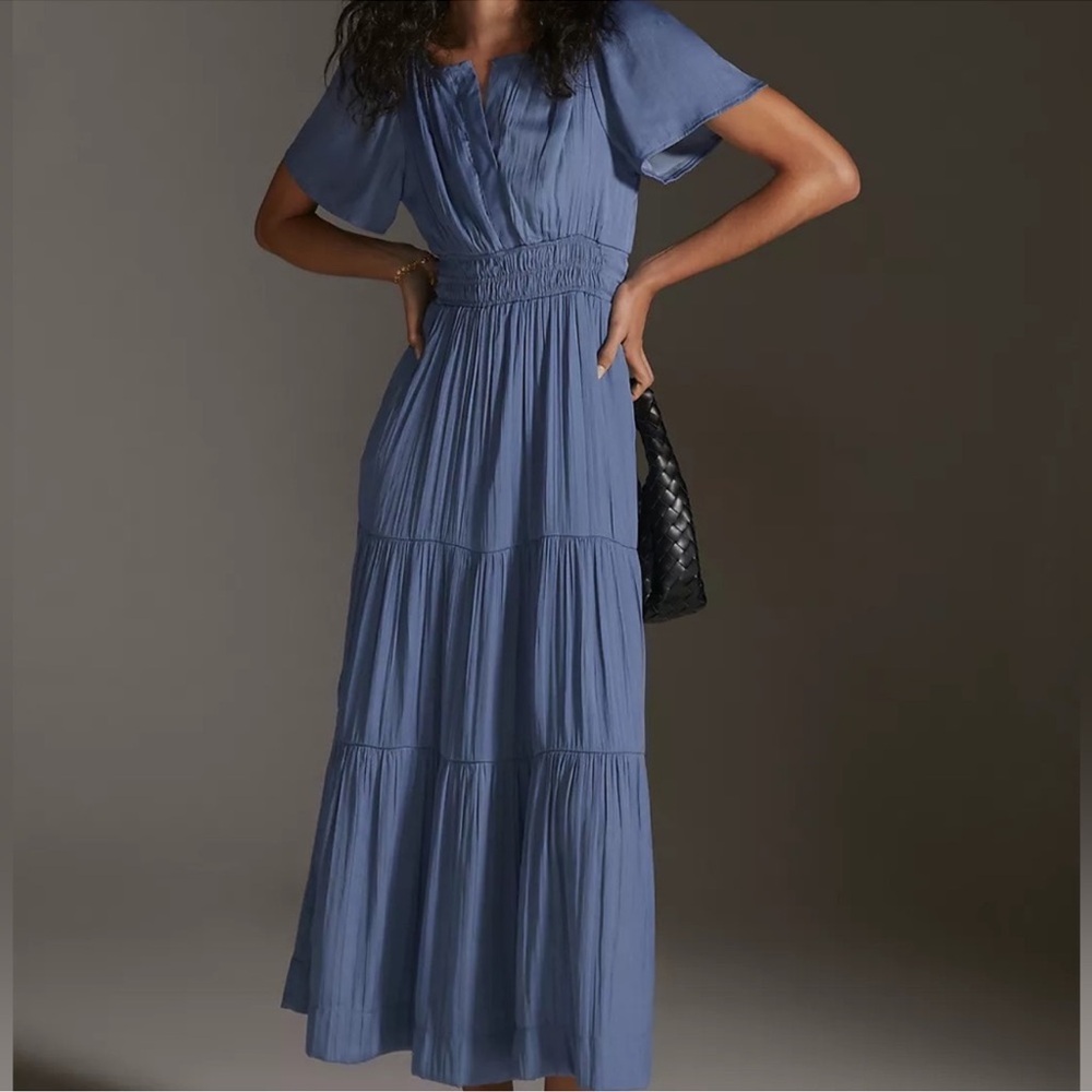 Anthropologie Dusty Blue Tiered Maxi Dress